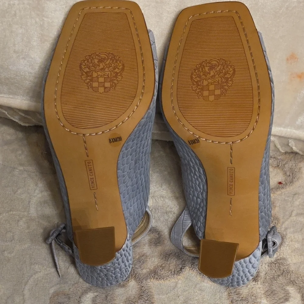 Vince Camuto Blue Leather Croc-Pattern Slingback Heels 4 Inches - Picture 12 of 14